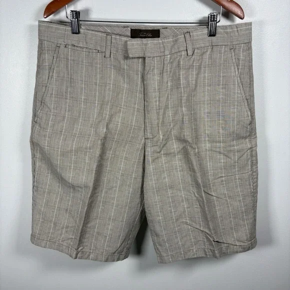 Tasso Elba Mens Plaid Shorts Tan White Cotton Linen Blend Size 36 Flat Front - Picture 4 of 4